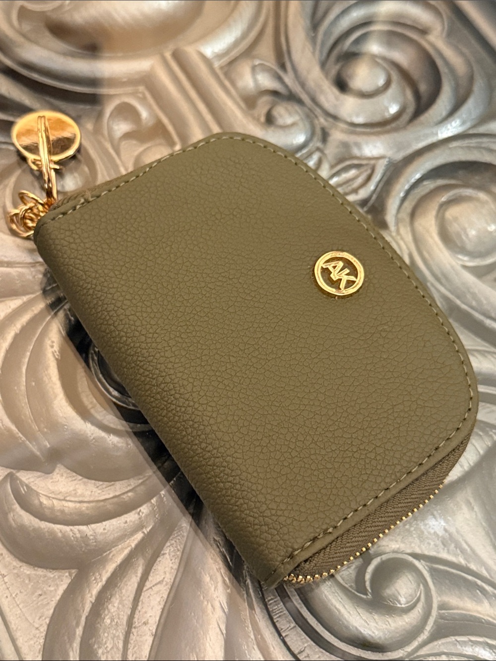 Anne Klein Olive Green Pebbled Zip Card Case with Gold Keyring